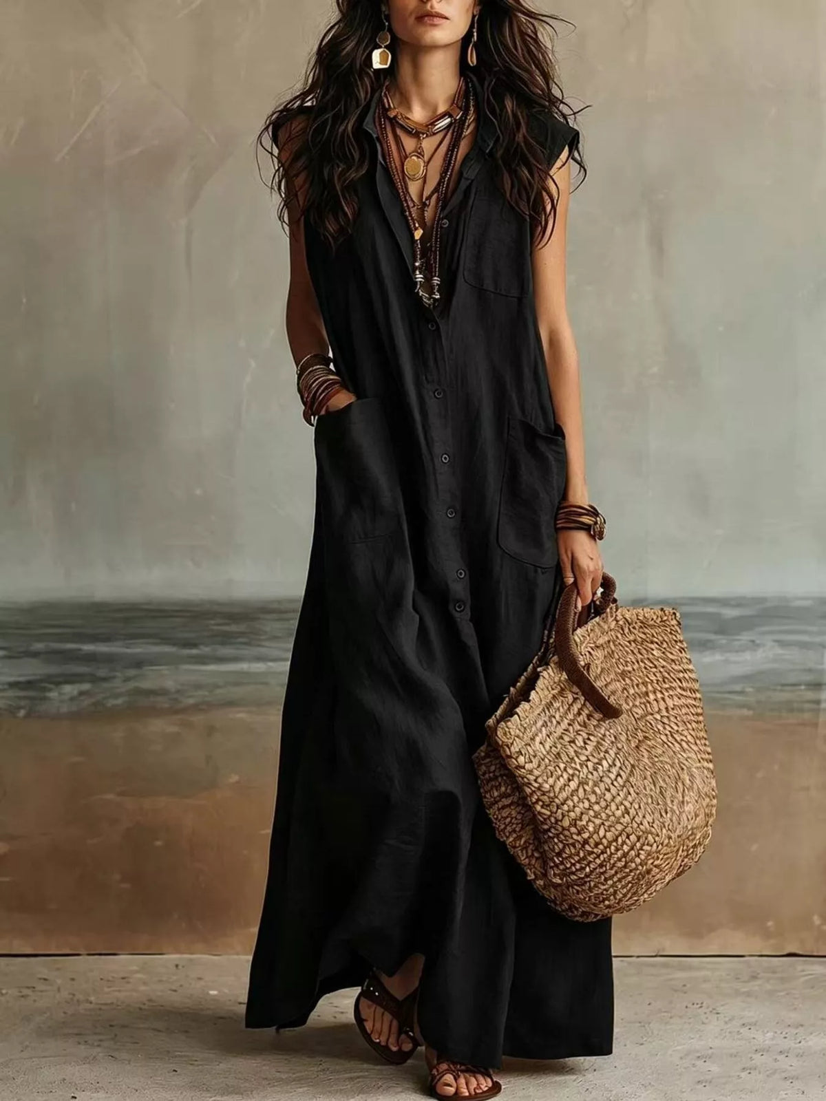 Sleeveless Button-Down Linen Maxi Dress - Lilixa.store