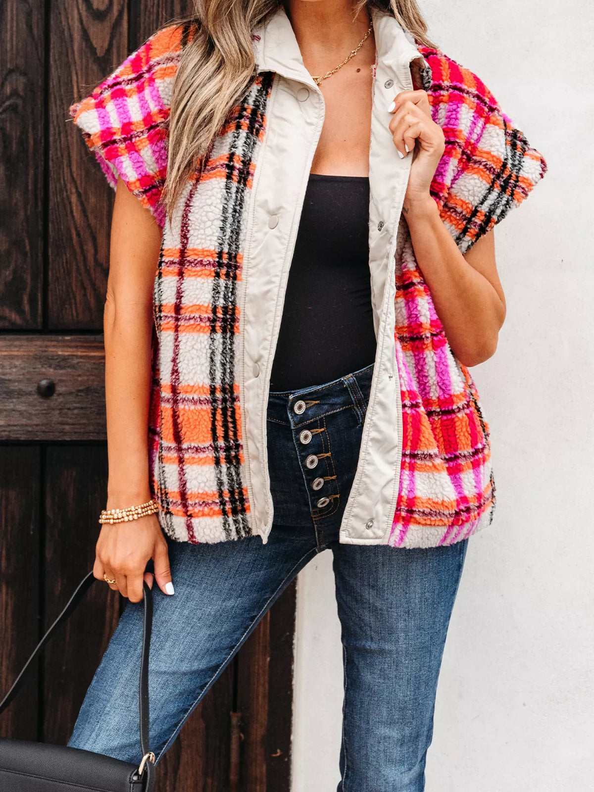 Sherpa Plaid Snap Down Vest Coat - Lilixa.store