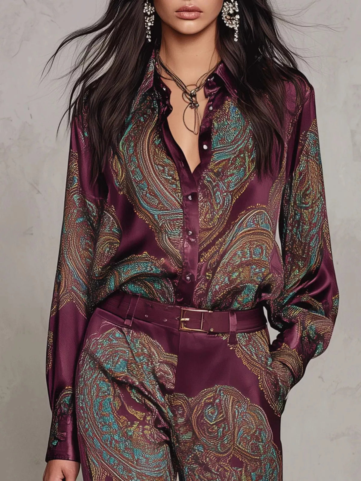 Paisley Print Long Sleeve Shirt and Wide-Leg Pants Set