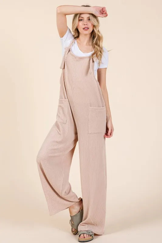 BOMBOM Knot Straps Wide Leg Ribbed Overalls with Pockets - Lilixa.store