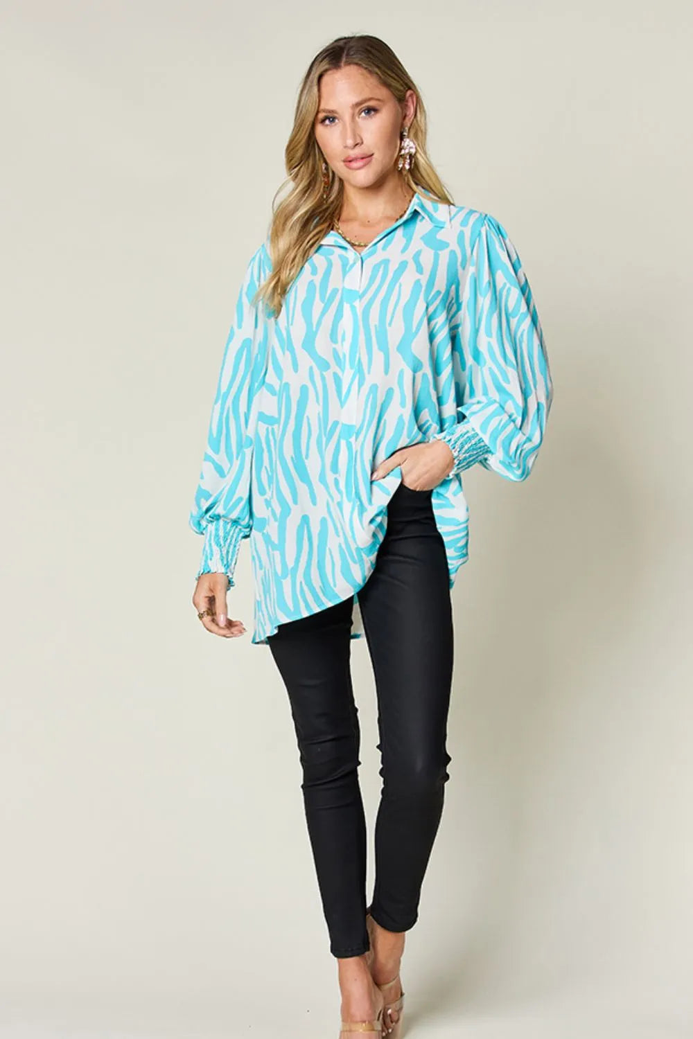 Double Take Full Size Printed Smocked Long Sleeve Blouse Plus Size - Lilixa.store