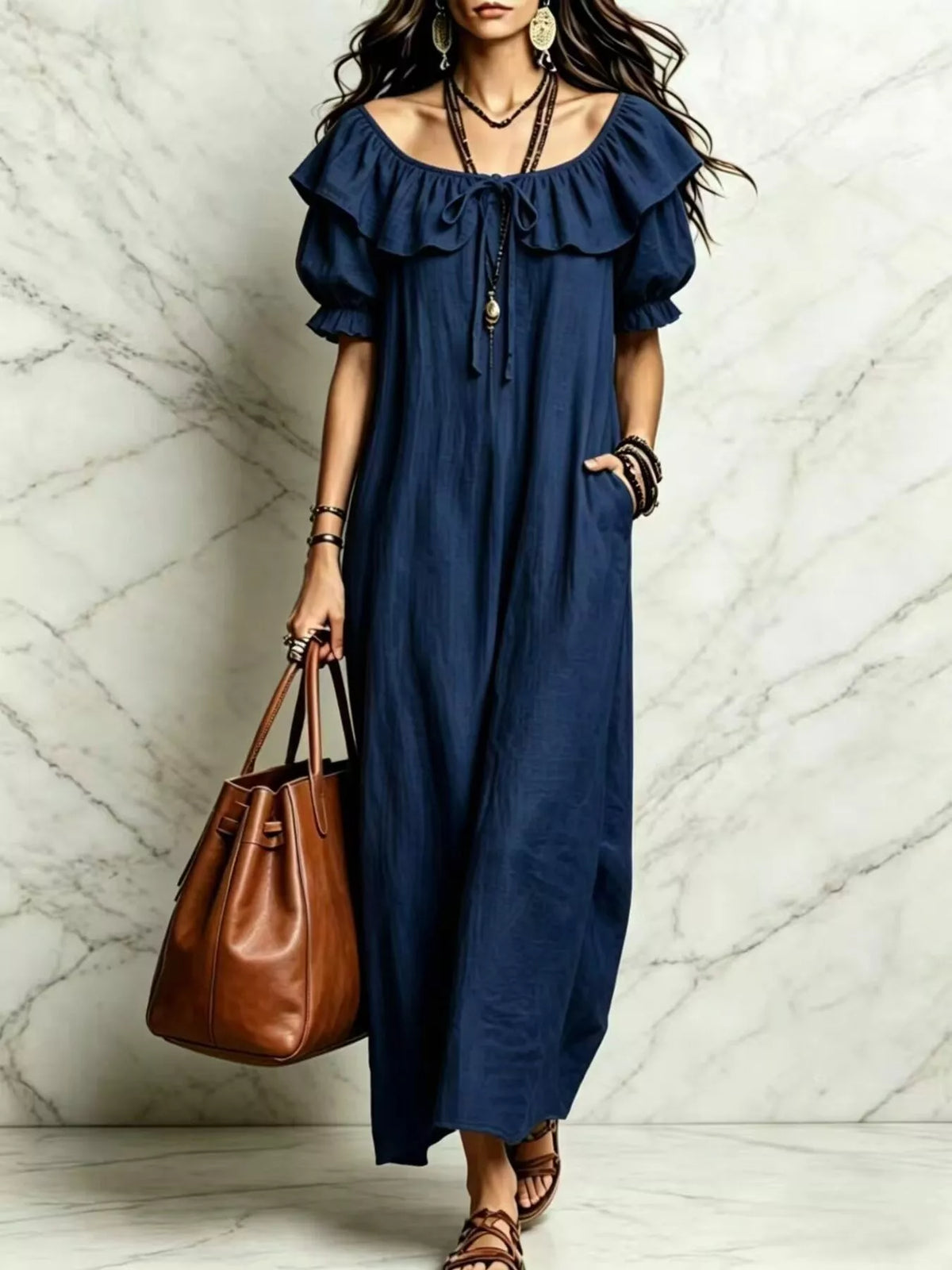 Ruffle Trim Puff Sleeve Maxi Dress - Lilixa.store