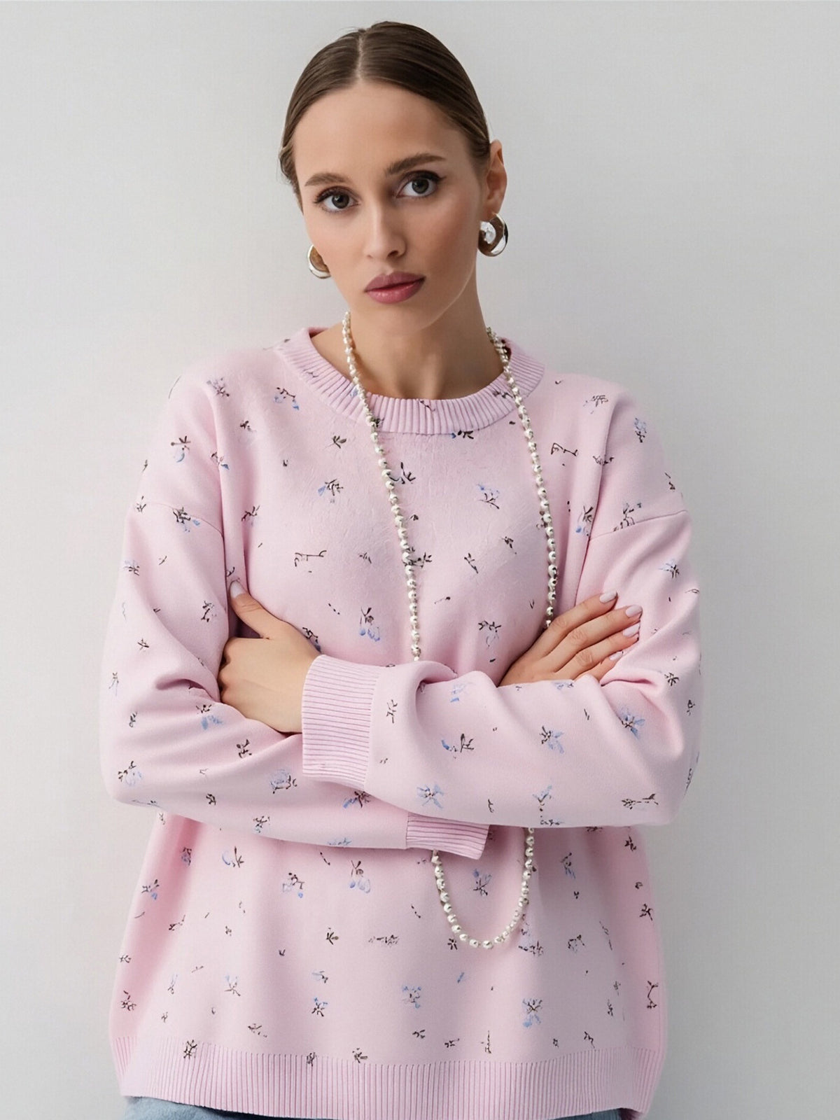Floral Dropped Shoulder Oversized Sweater in Pink