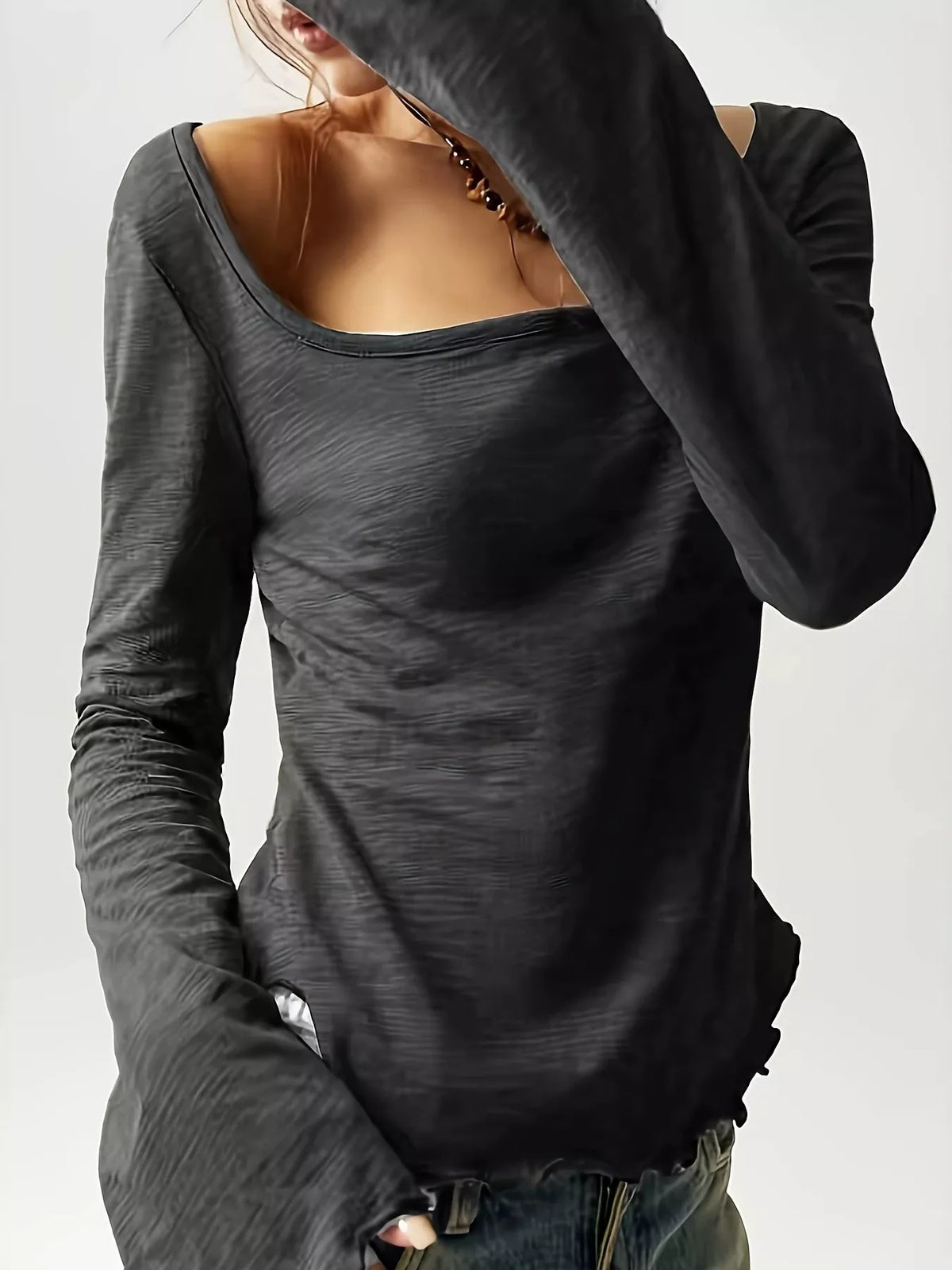 Long Sleeve Square Neck Slim-Fit T-Shirt, view 2