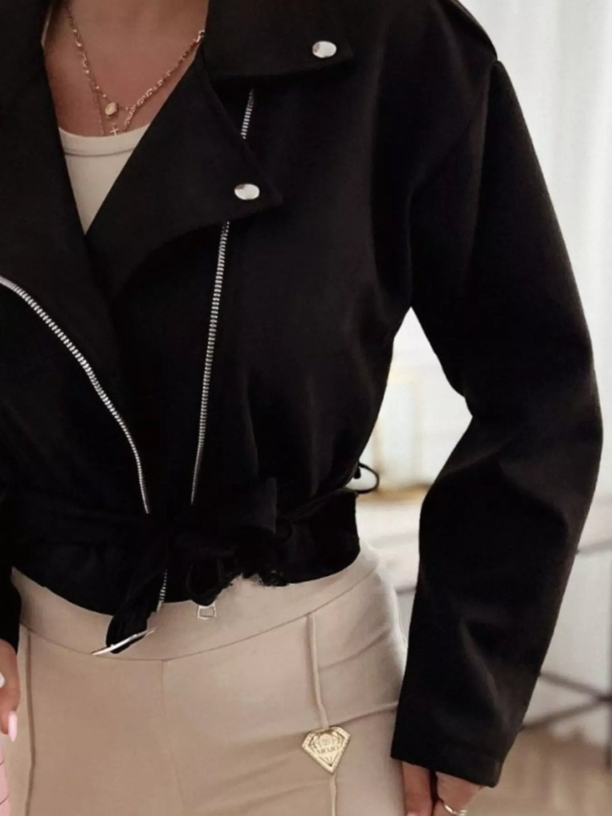 Cropped Biker Jacket with Belt Detail, view 2