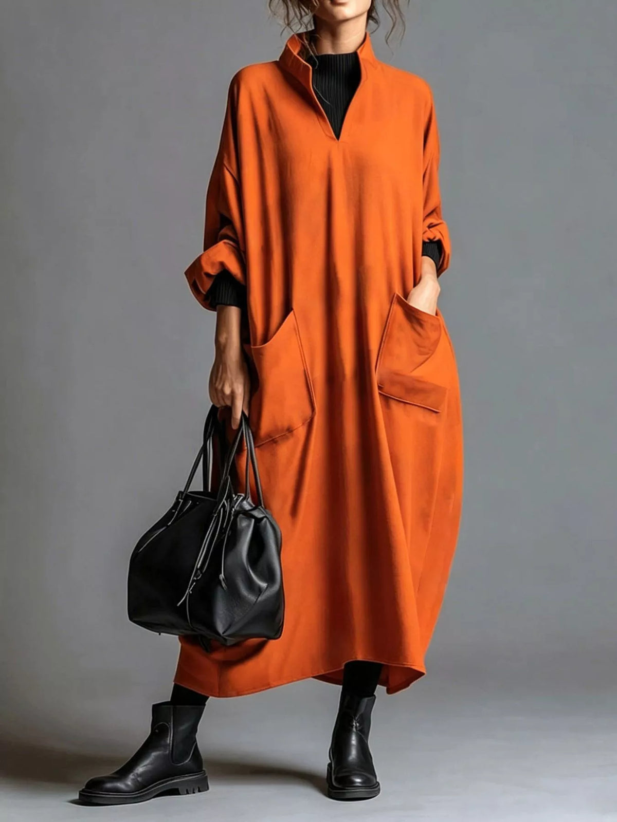 Full Size Loose-Fit Mock Neck Midi Dress with Pockets Plus Size - Lilixa.store