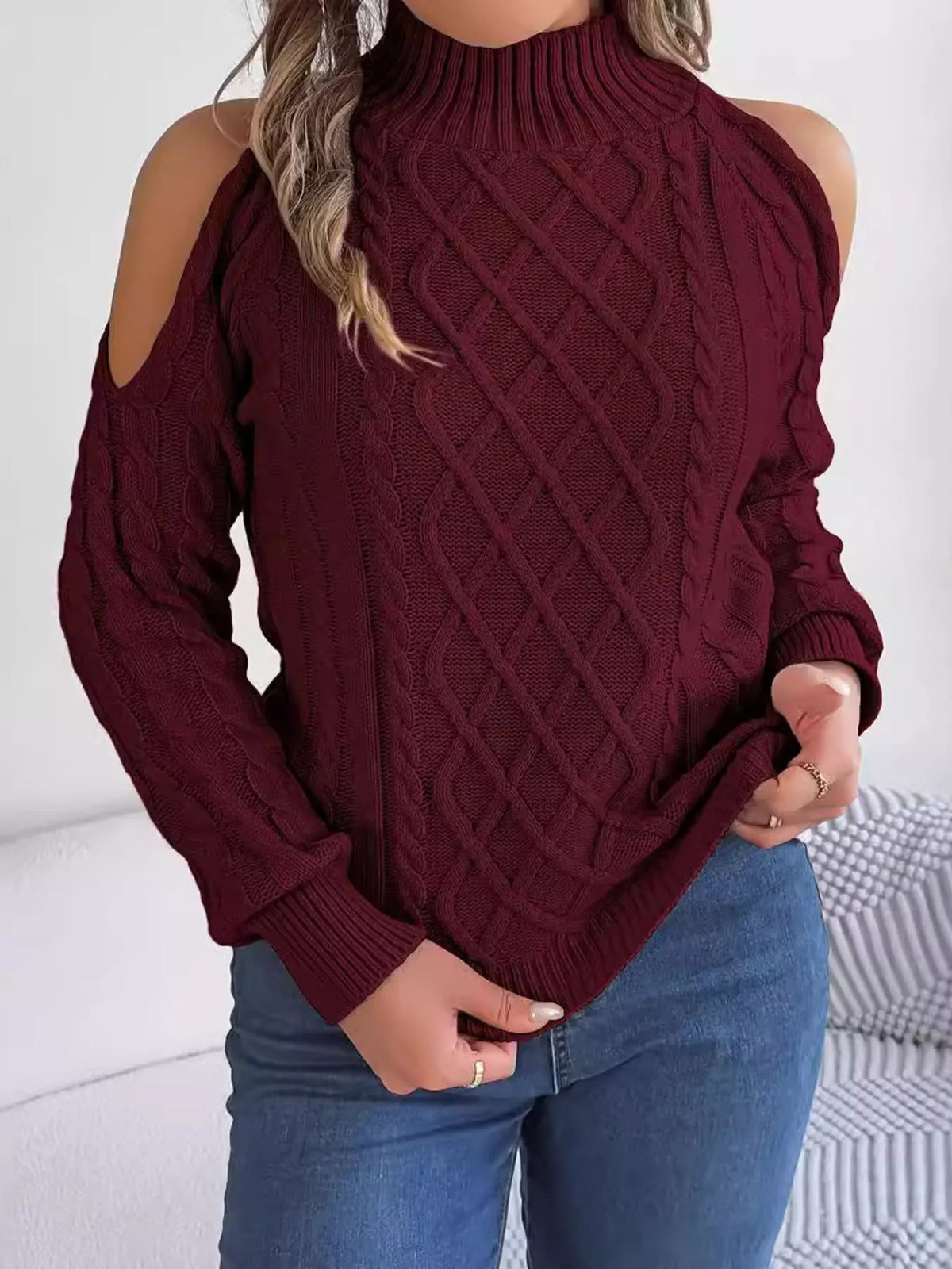 Cold-Shoulder Cable Knit Sweater, view 20