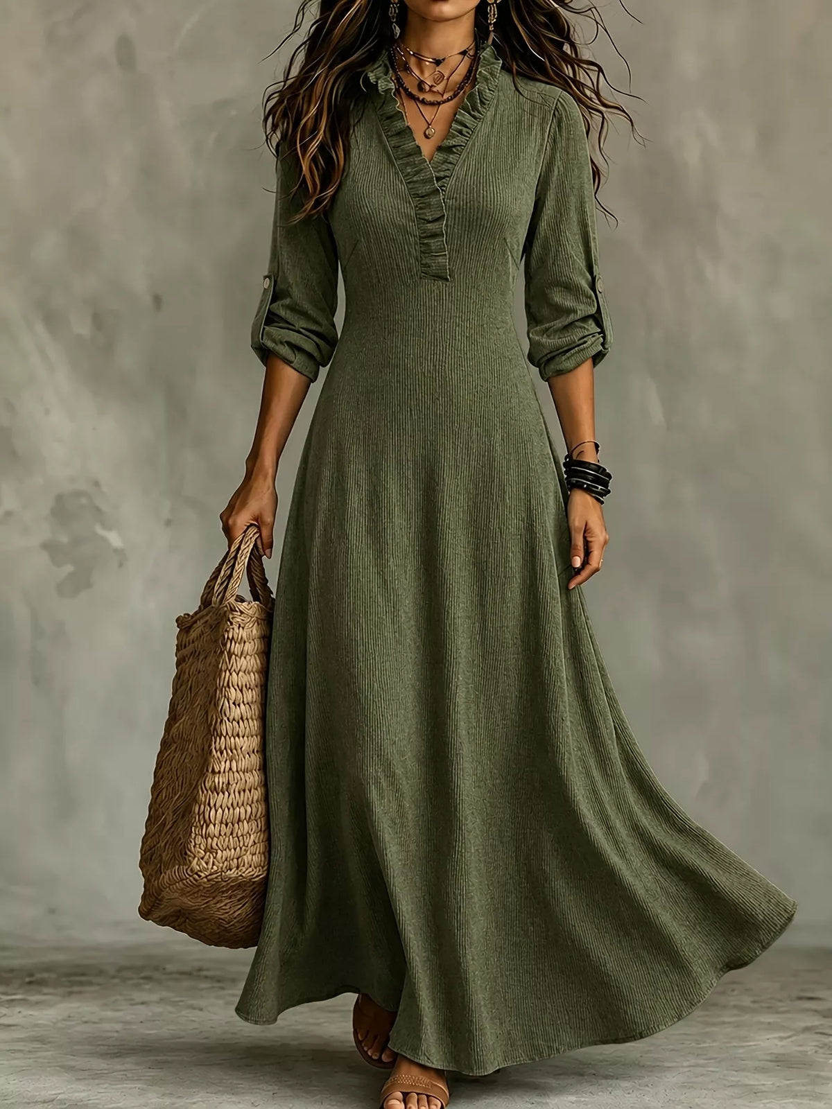 Full Size V-Neck Maxi Dress with Roll-Up Sleeves Plus Size - Lilixa.store