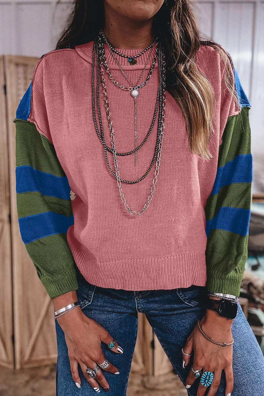 Multicolour Western Colorblock Patchwork Striped Long Sleeve Sweater