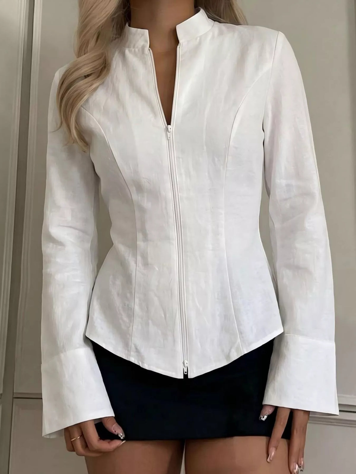 Zip Up Long Sleeve Top in Ivory, view 5