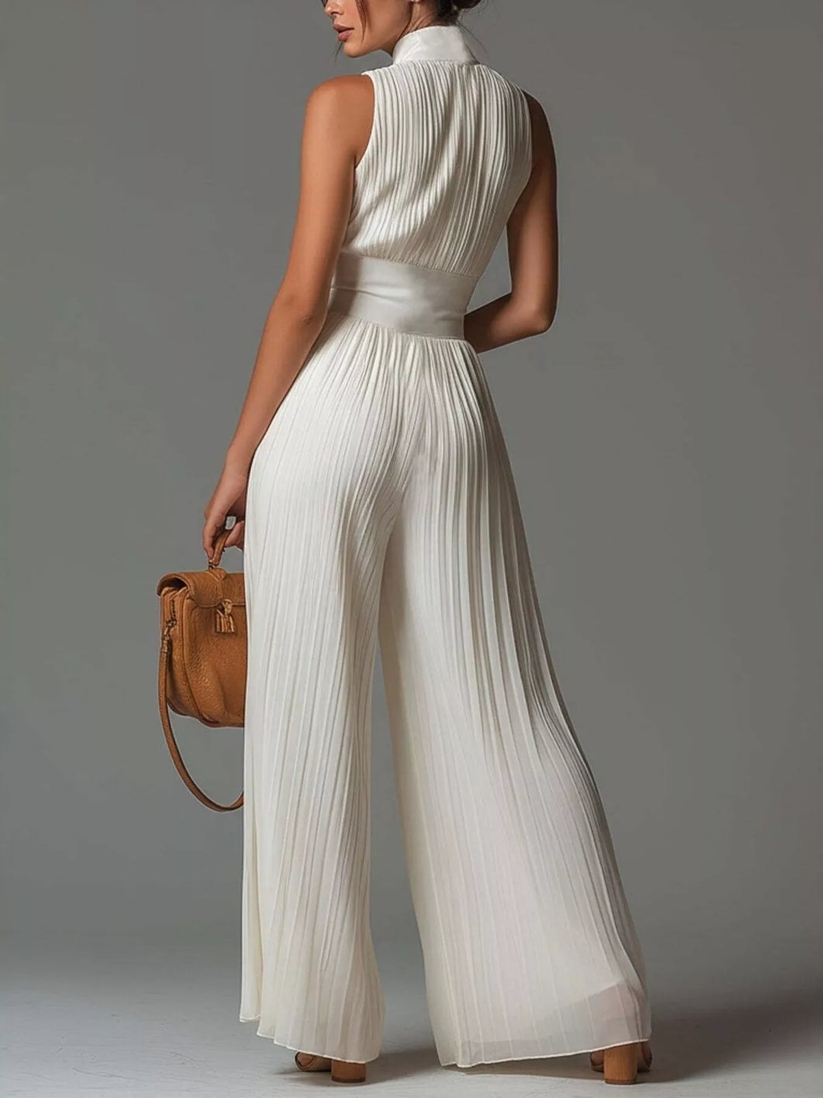 Sleeveless Pleated Jumpsuit with Front Zipper in Cream, view 2