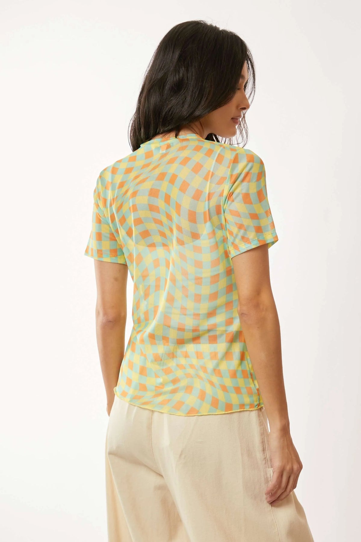 Davi & Dani Checker Board Printed Mesh Short Sleeve Top - Lilixa.store