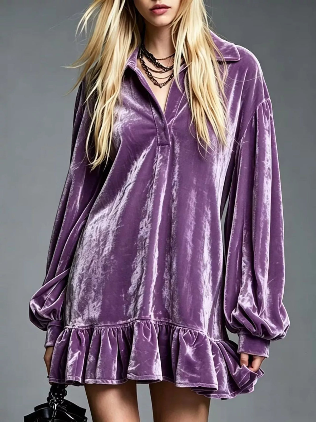Full Size Velvet Long-Sleeve Ruffle Hem Mini Dress Plus Size