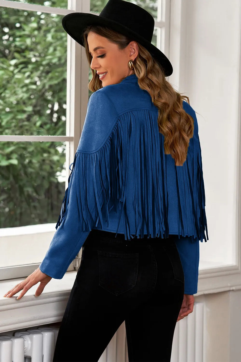 Fringe Trim Lapel Collar Cropped Blazer, view 15