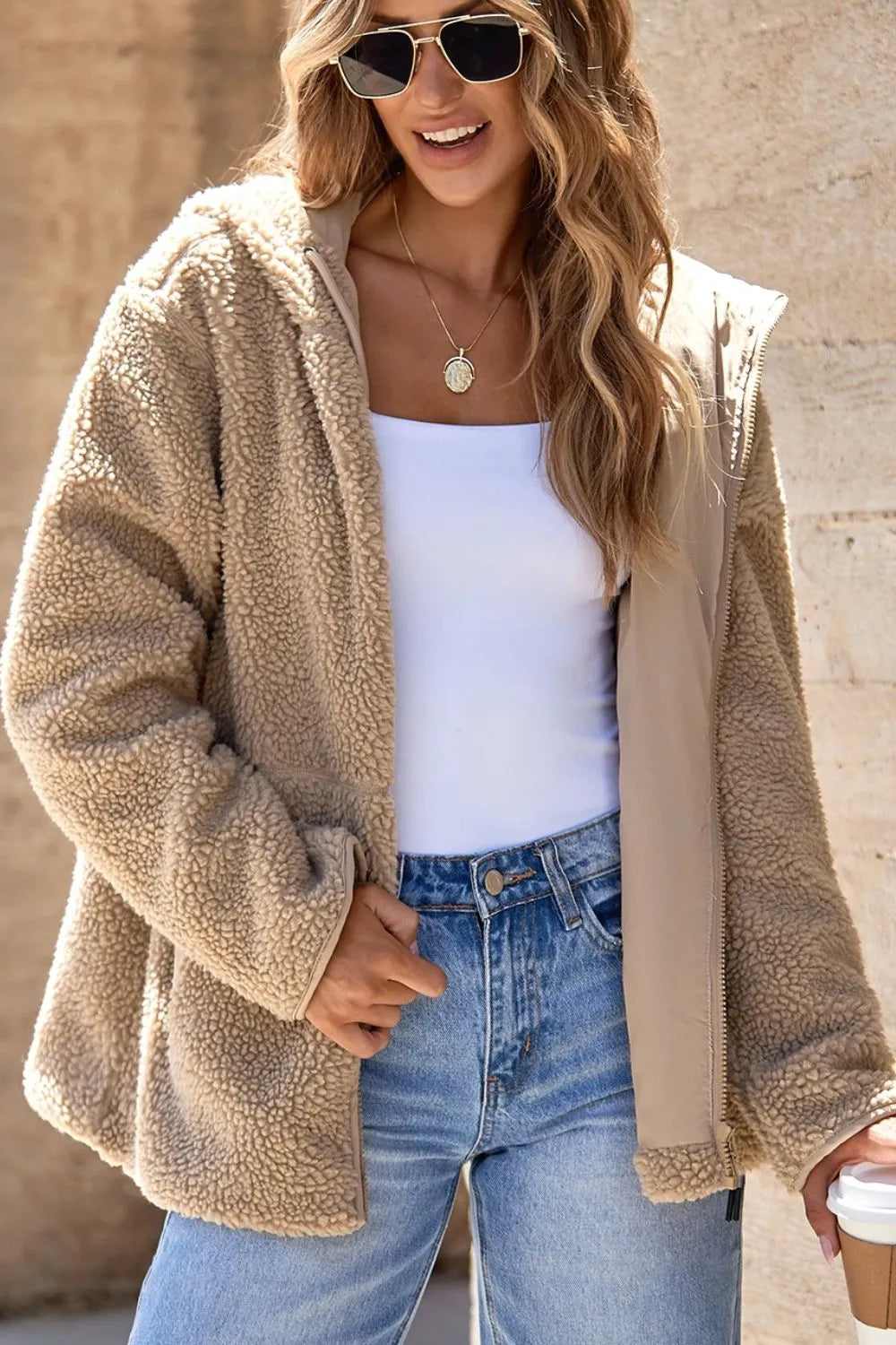 Drawstring Fleece Zip Up Hooded Jacket in Khaki