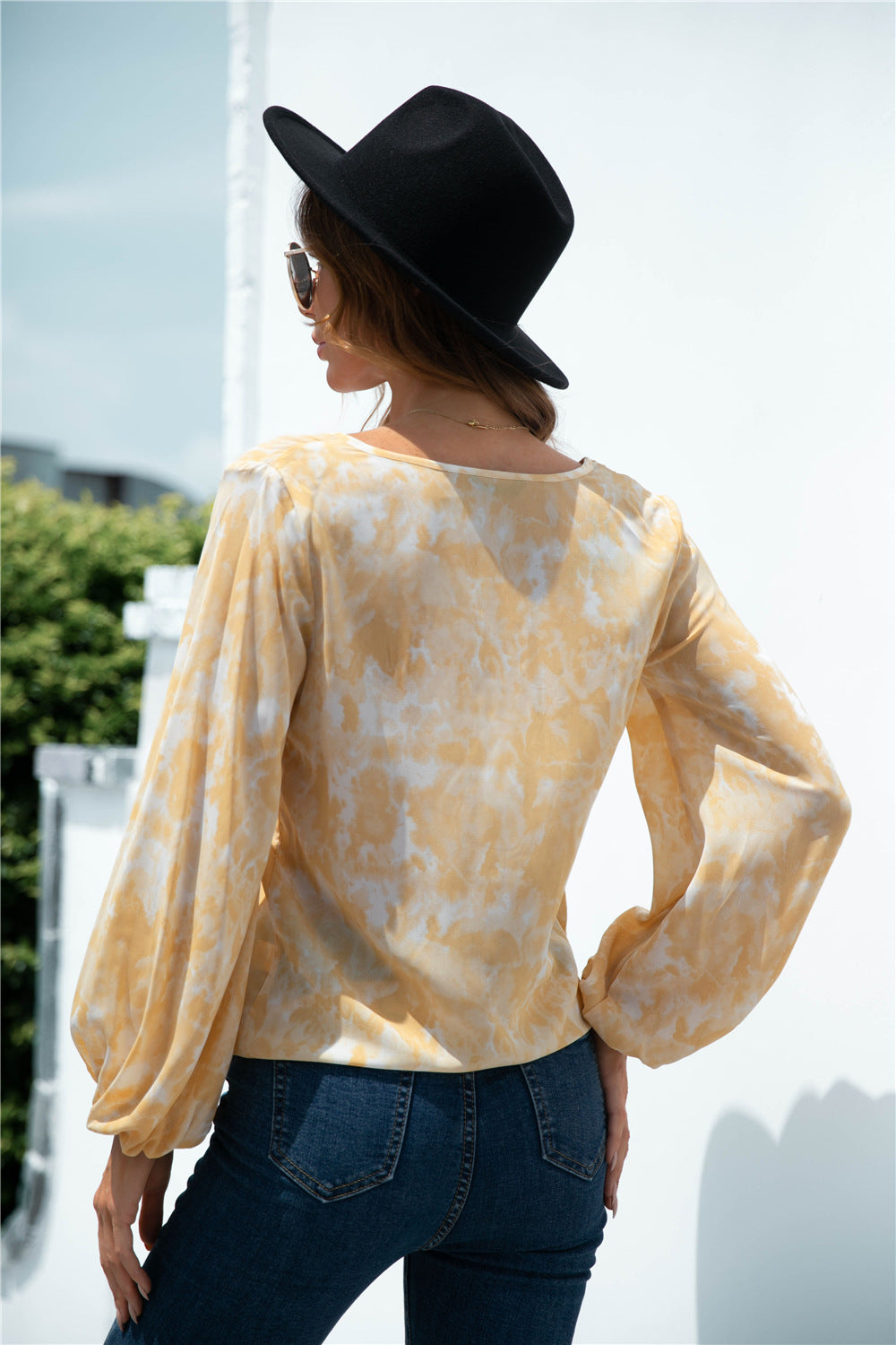 Tie-Dye Tied Balloon Sleeve Blouse in Light Yellow, view 2