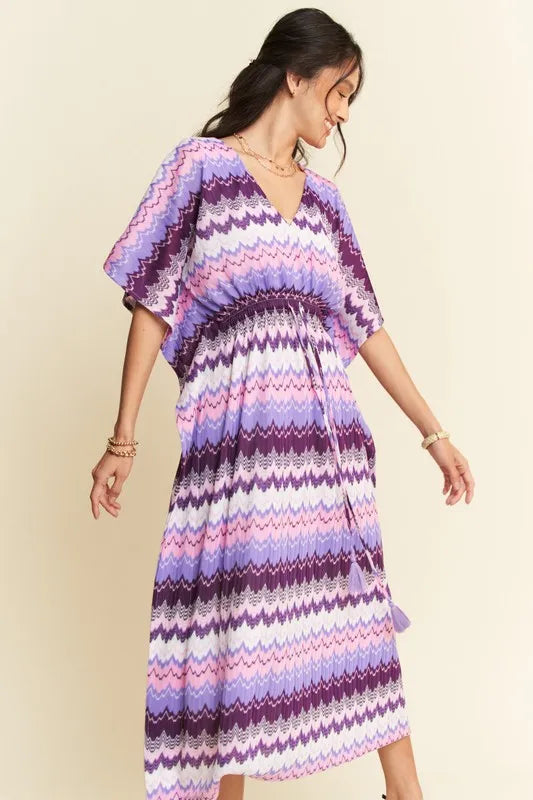 Davi & Dani Multi Color Wavy Tie Waist Flowy Sleeve Dress - Lilixa.store