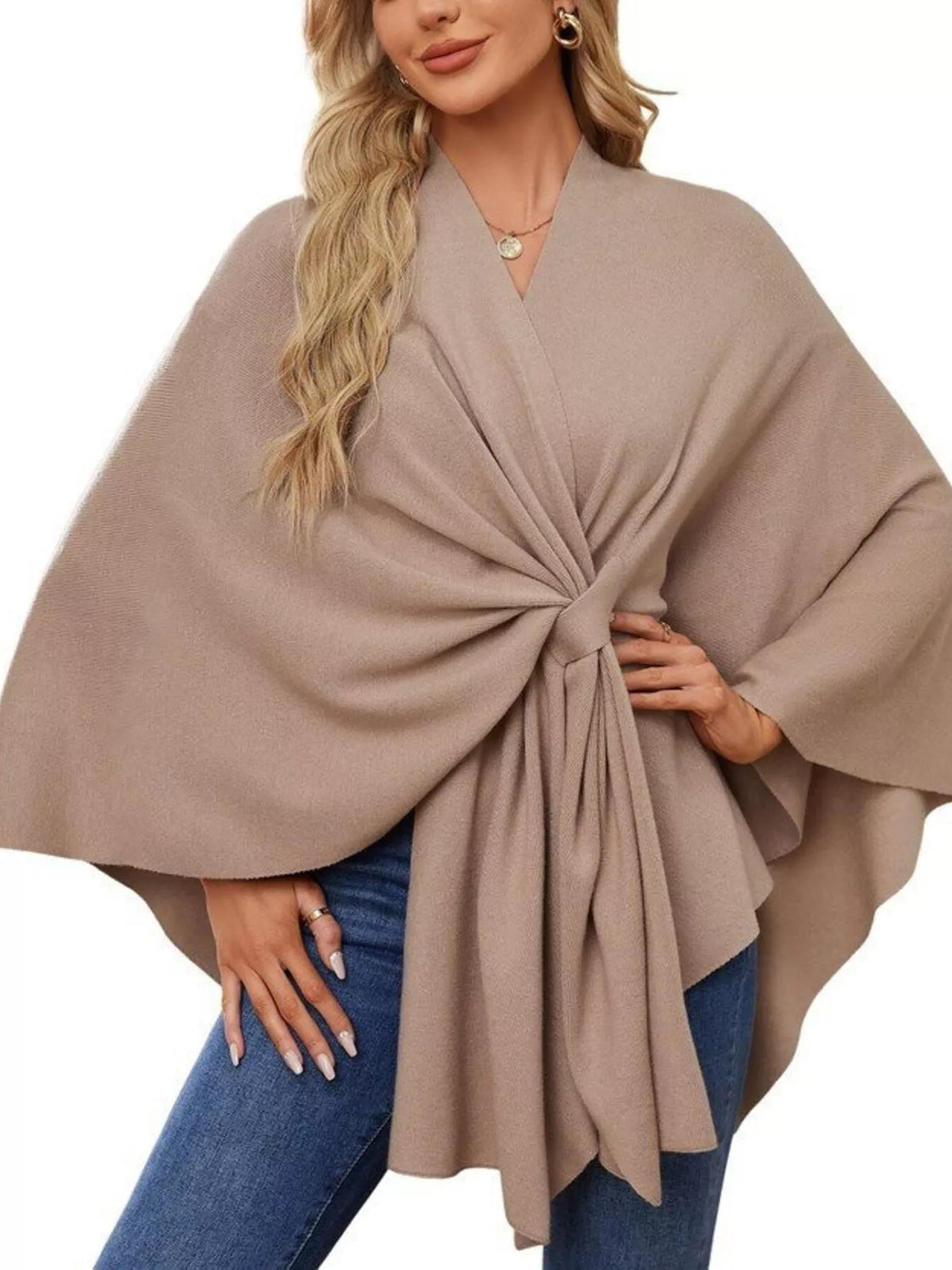 Solid Color Tie-Front Knit Cape Top in Tan