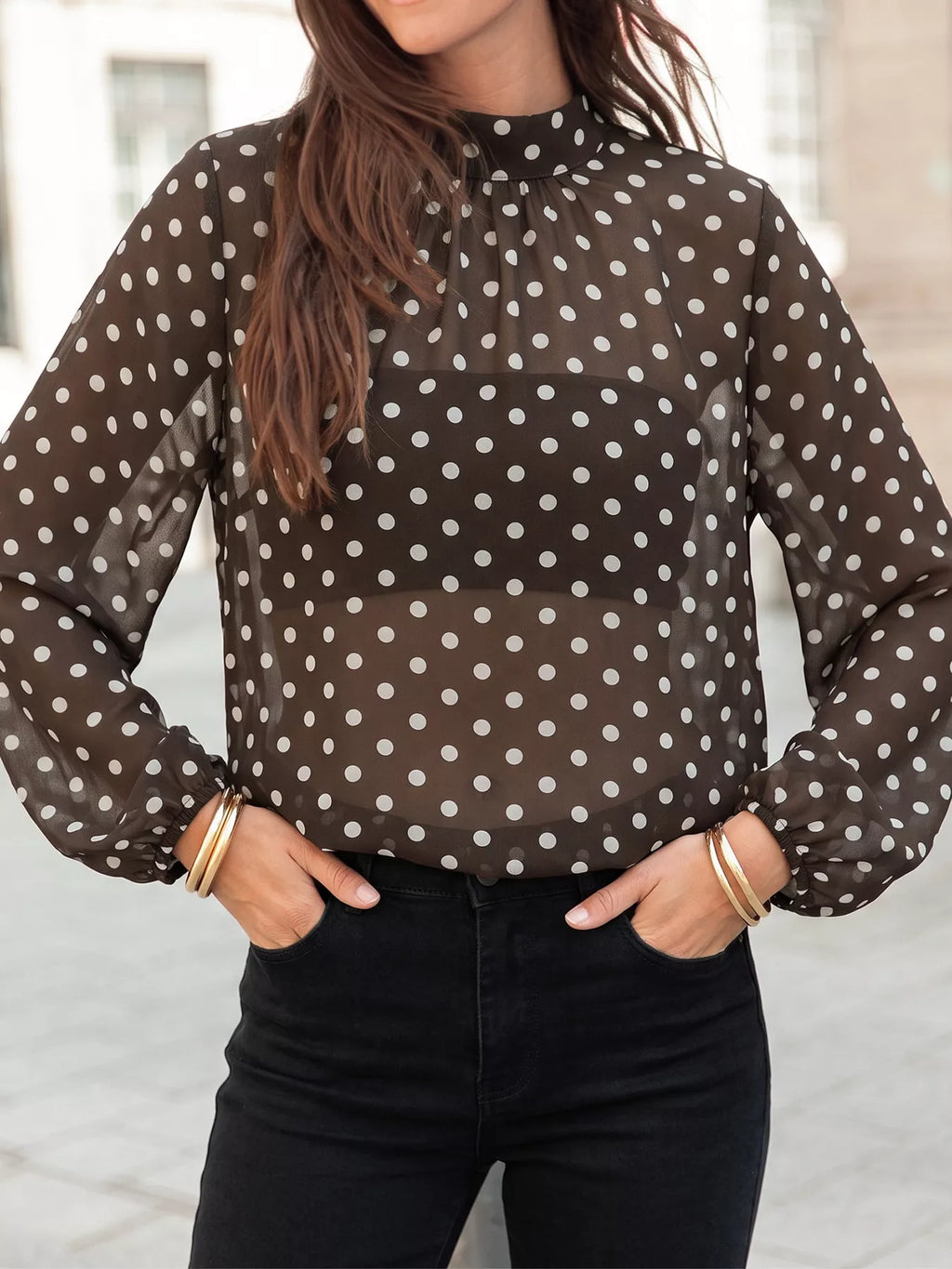 Polka Dot Mock Neck Long Sleeve Blouse - Lilixa.store