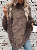 Fuzzy Hem Cable-Knit Poncho - Lilixa.store