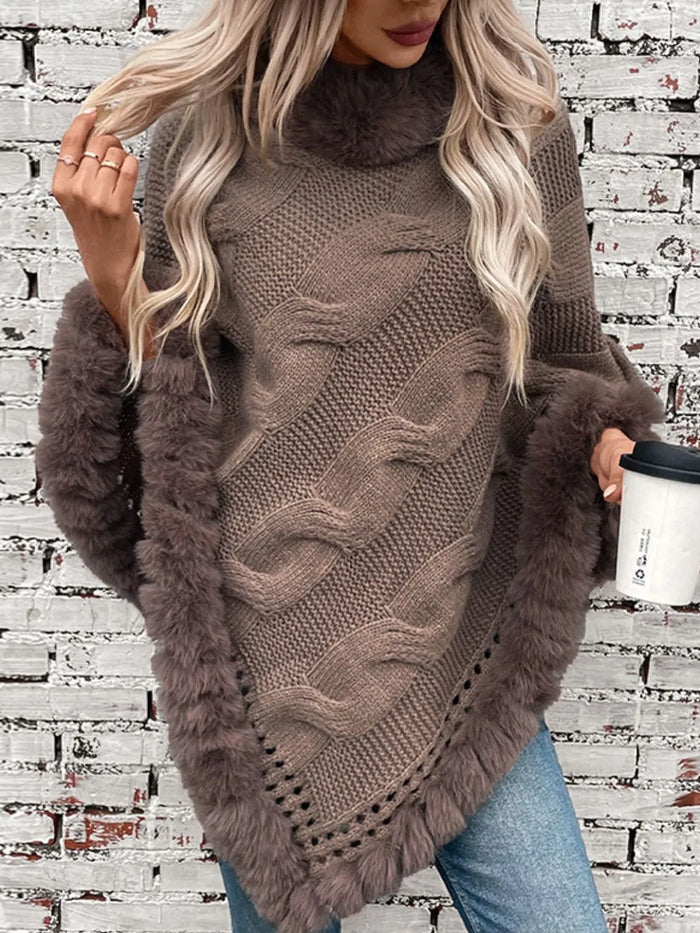 Fuzzy Hem Cable-Knit Poncho - Lilixa.store
