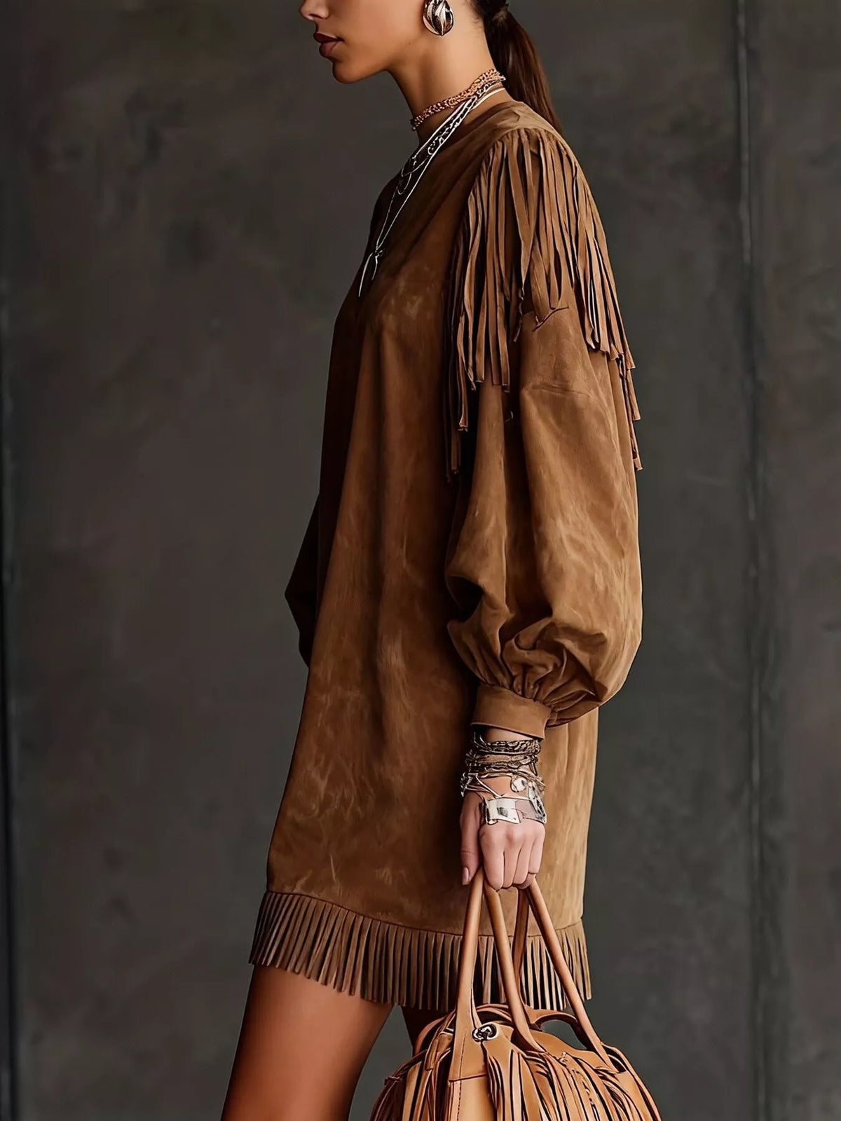 Fringe Detail Lantern Sleeve Mini Dress - Lilixa.store