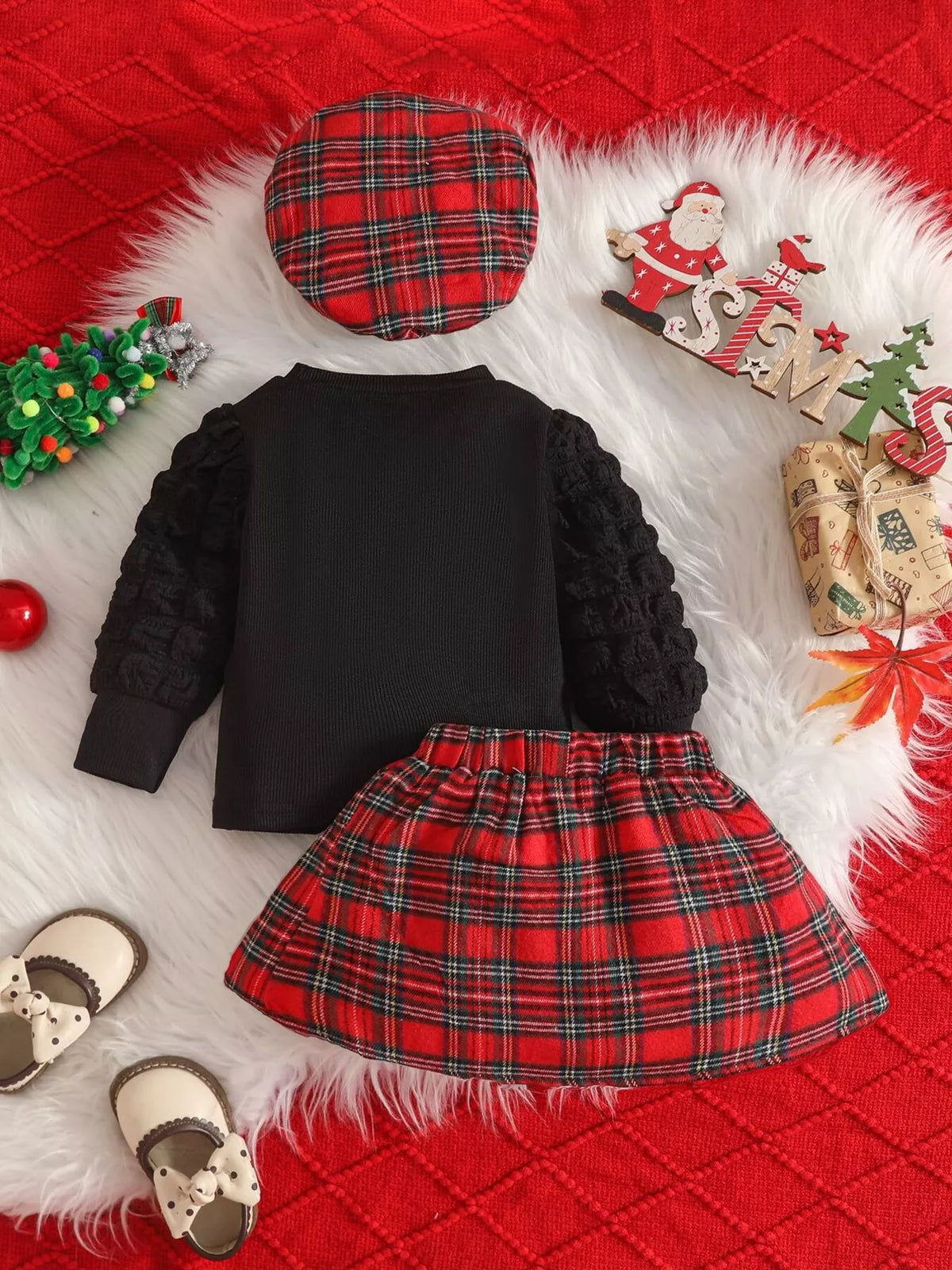 Children's Puff Sleeve Top and Plaid Skirt Set with Hat - Lilixa.store