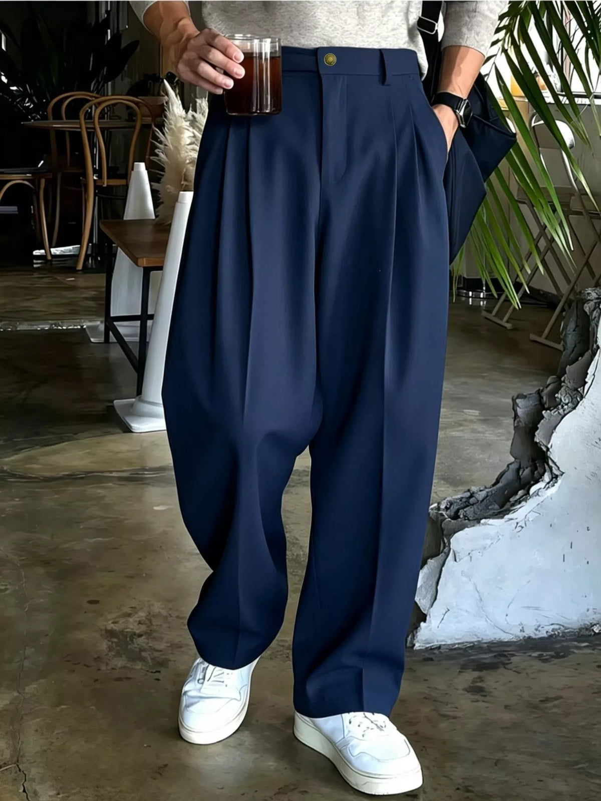 Men's High-Waisted Pleated Wide-Leg Dress Pants