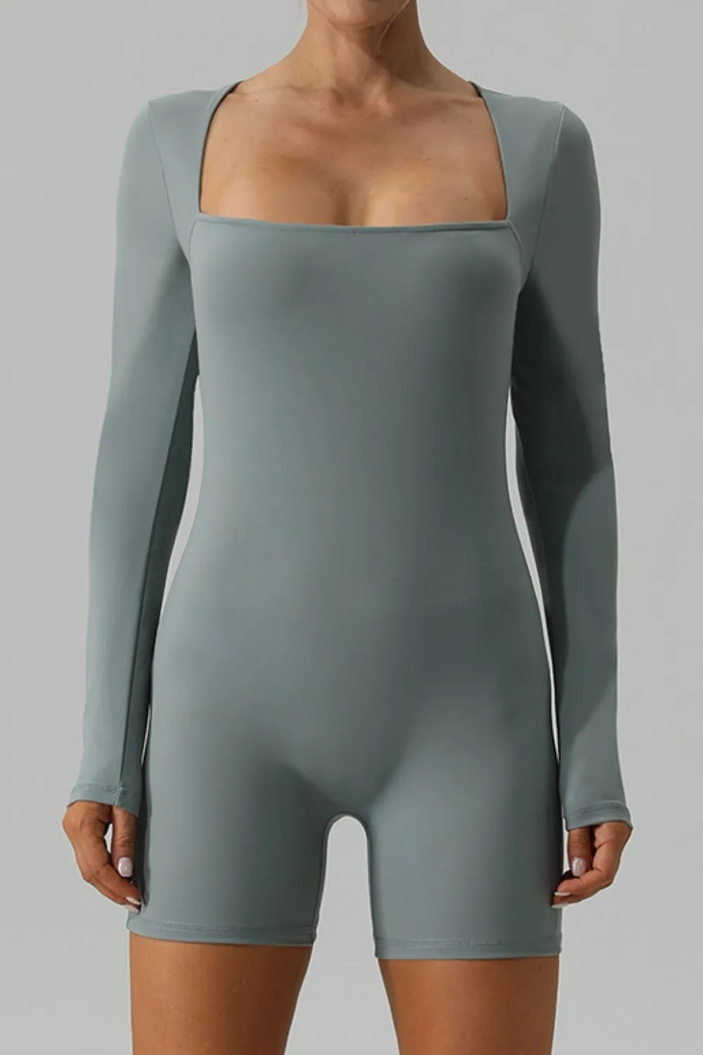 Square Neck Long Sleeve Active Romper - Lilixa.store