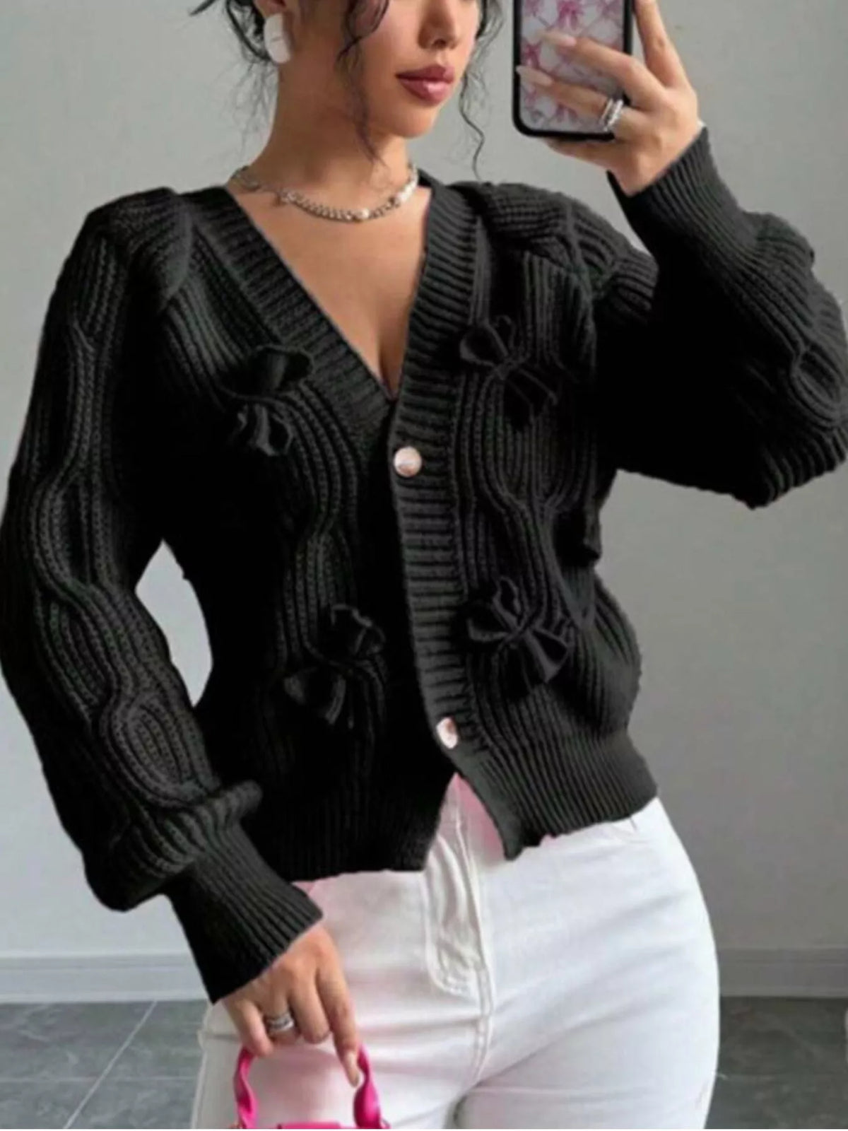 Bow Cable Knit V-Neck Cardigan - Lilixa.store