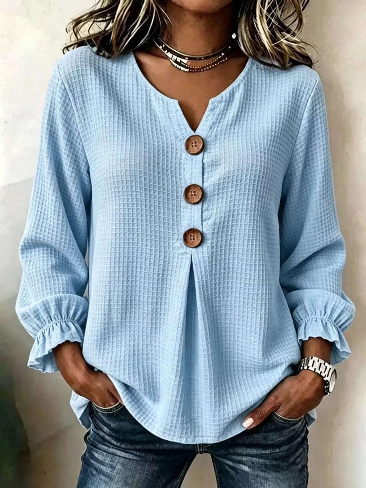 Waffle Knit Long Sleeve Top - Lilixa.store