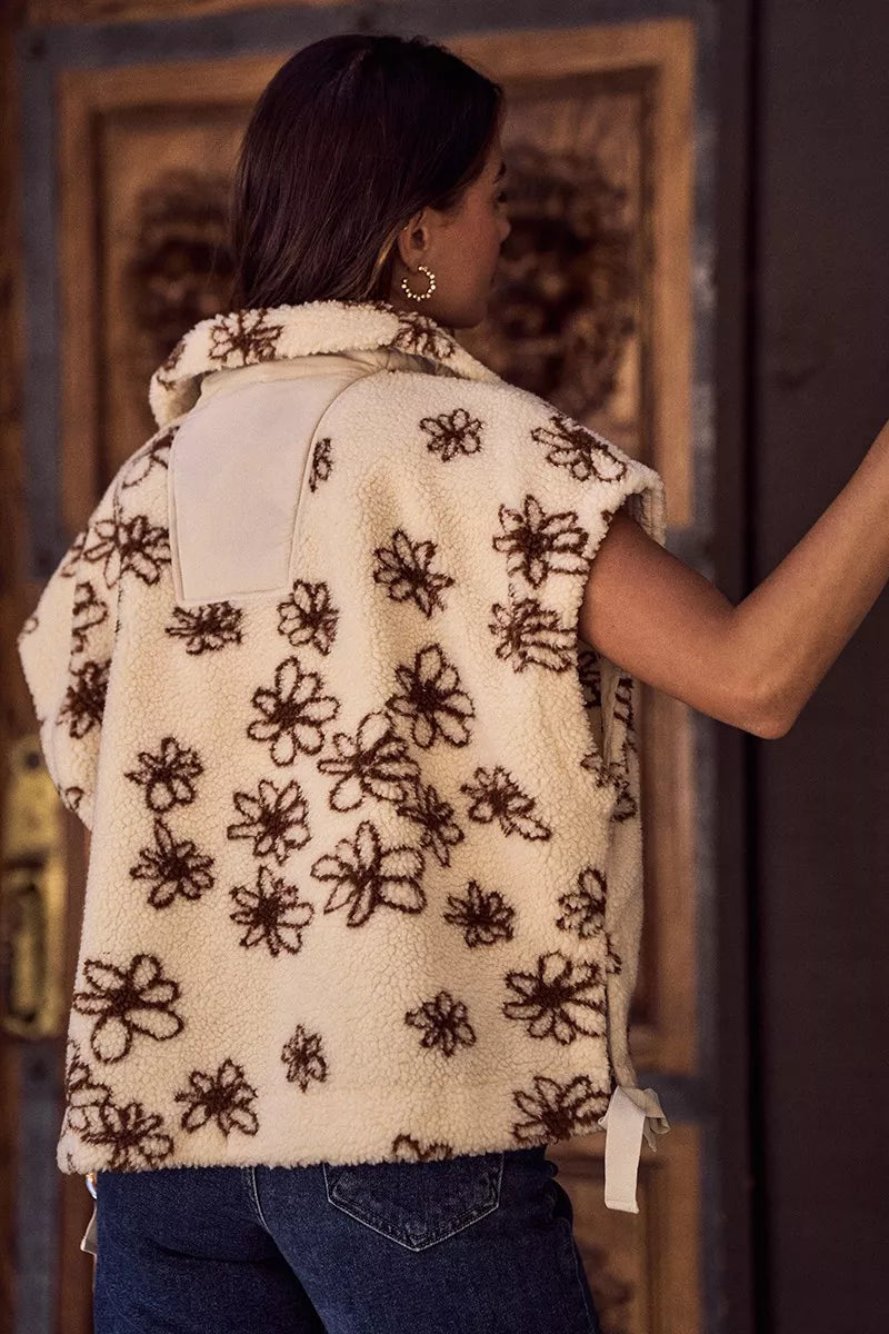 SO ME Flower Sherpa Fur Oversized Sleeveless Vest Jacket in Brown, view 3