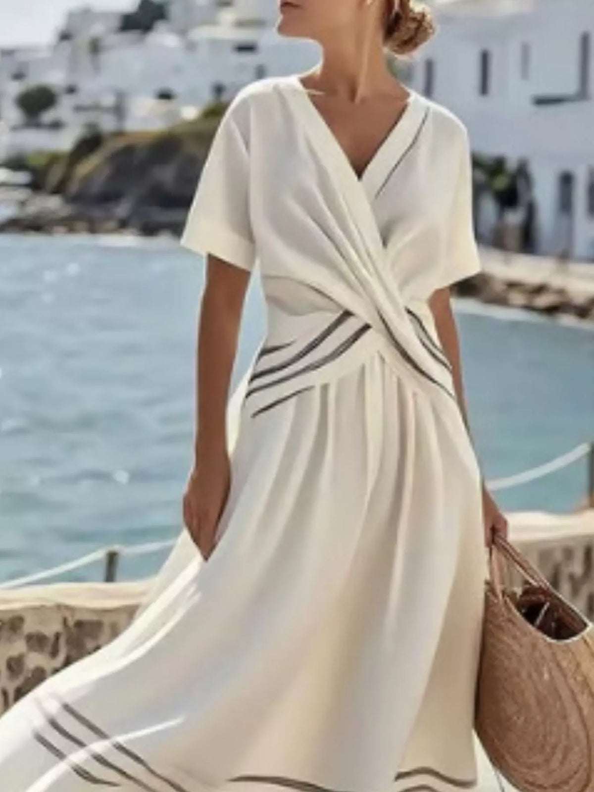 Full Size Striped Surplice Half Sleeve Midi Dress Plus Size - Lilixa.store