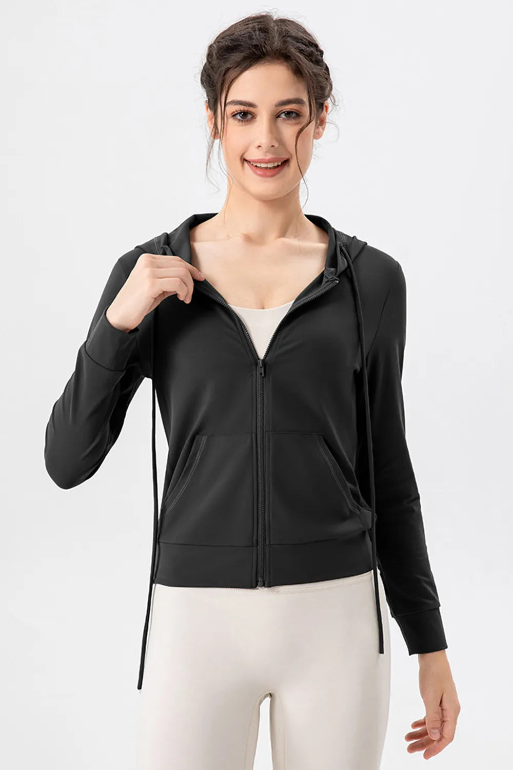 Drawstring Zip Up Hooded Active Outerwear - Lilixa.store