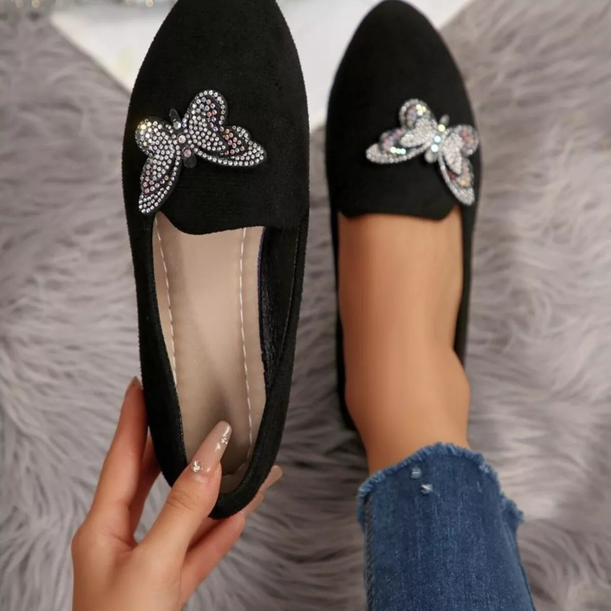 Butterfly Decor Slip-Ons in Black, view 9