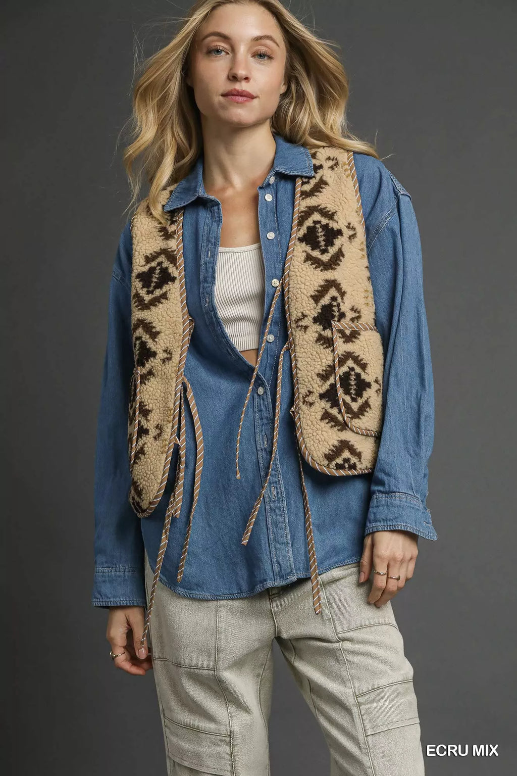 Umgee Mix Patterned Sherpa Tie-Front Vest - Lilixa.store
