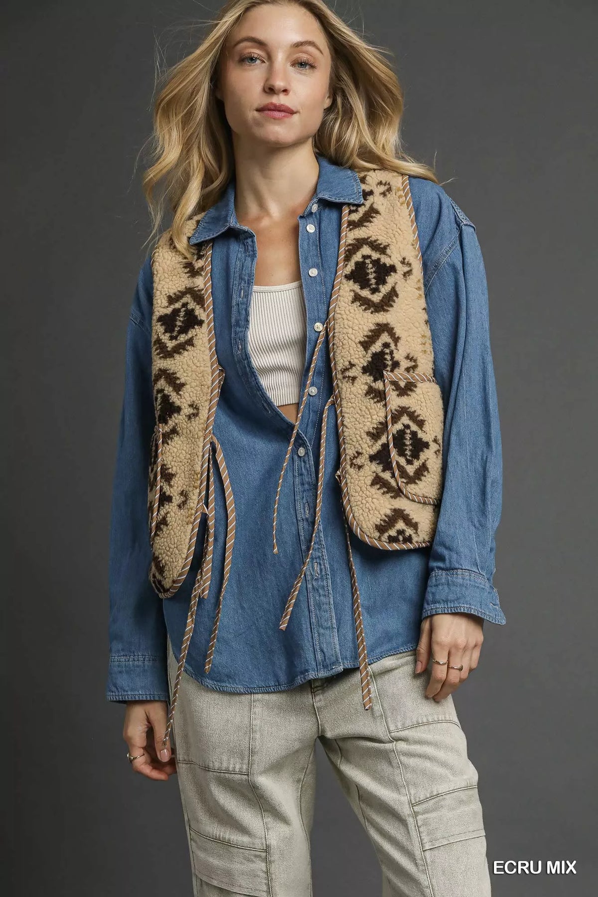 Umgee Mix Patterned Sherpa Tie-Front Vest - Lilixa.store