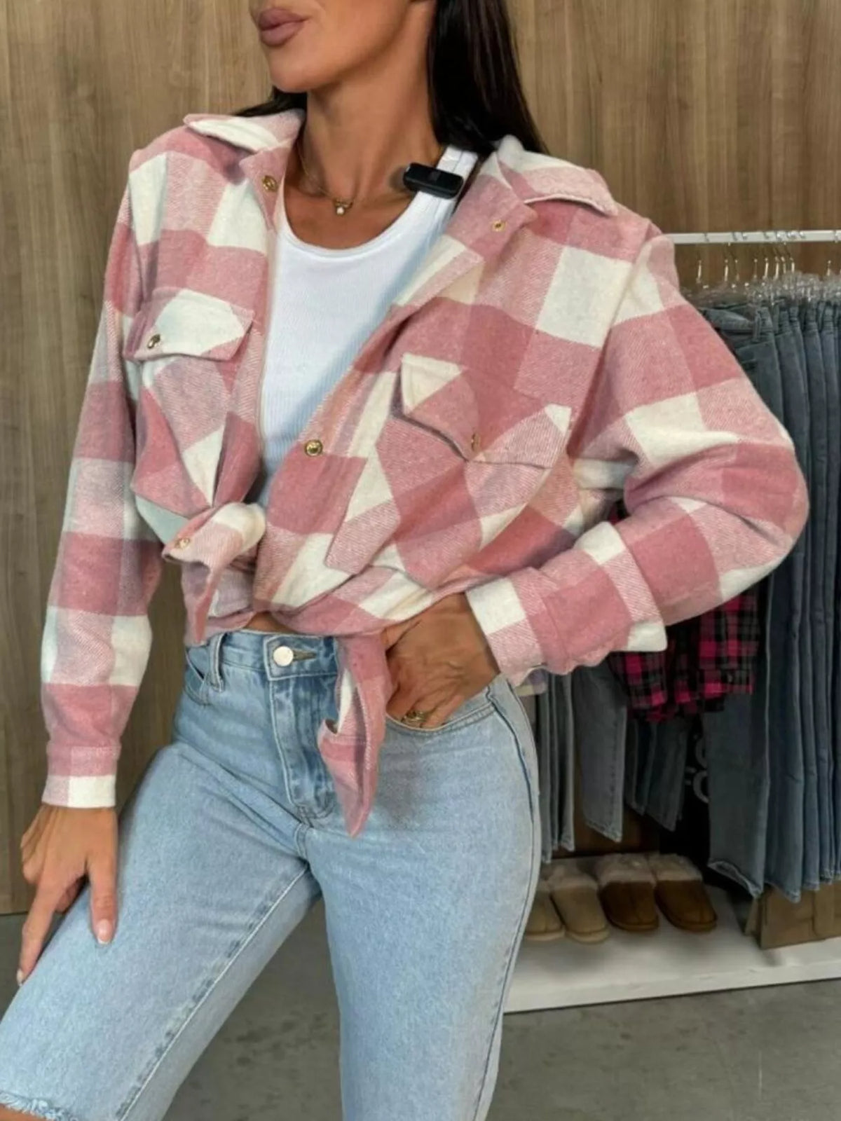 Plaid Button-Down Long Sleeve Shacket, view 3