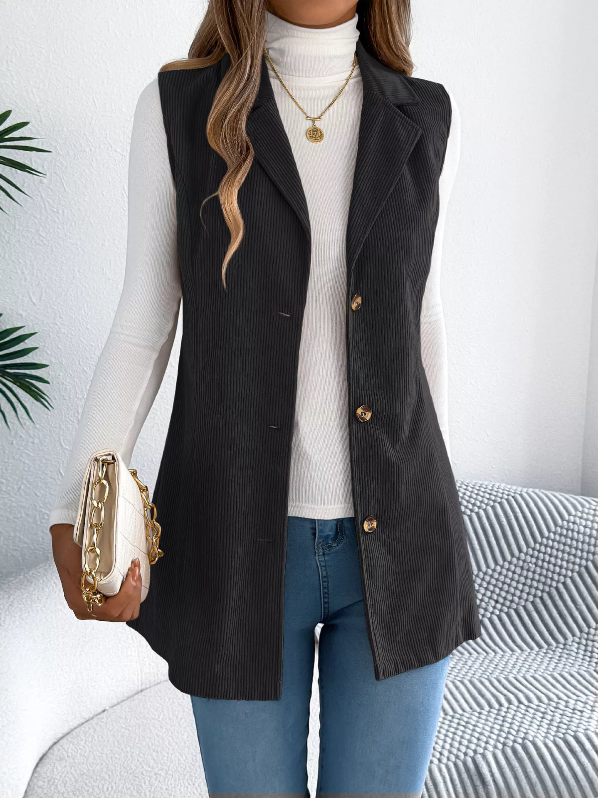 Button-Front Longline Vest Coat - Lilixa.store