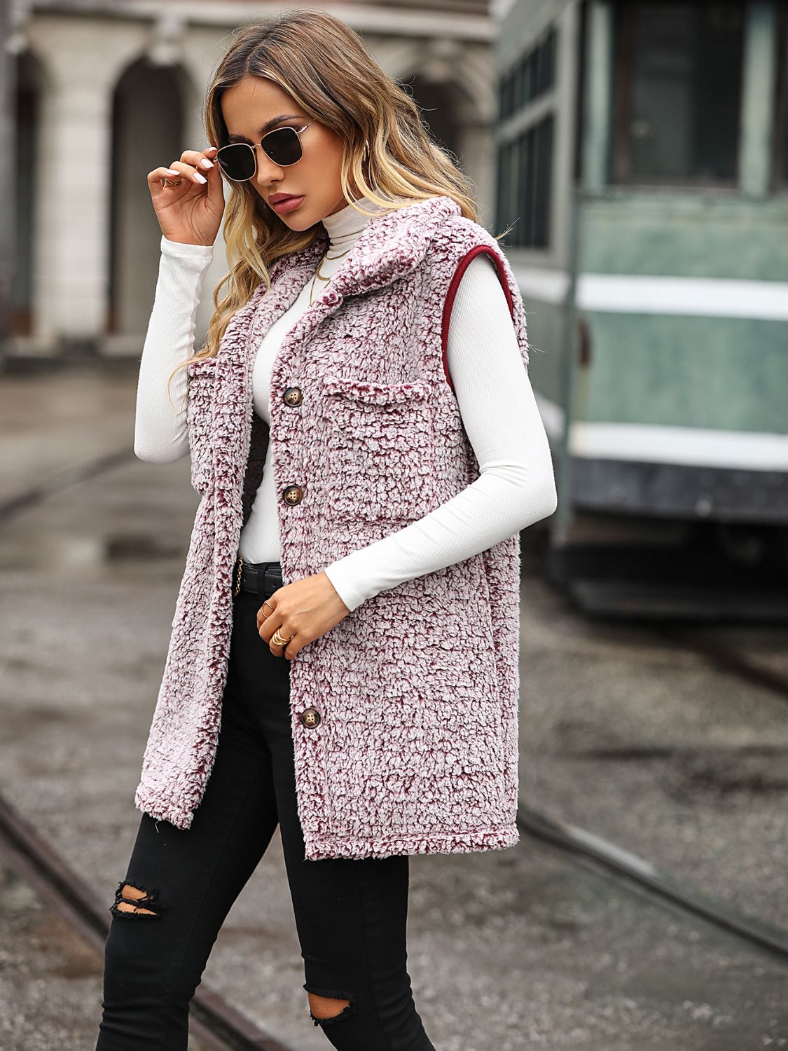Full Size Button Down Collared Neck Vest, view 2