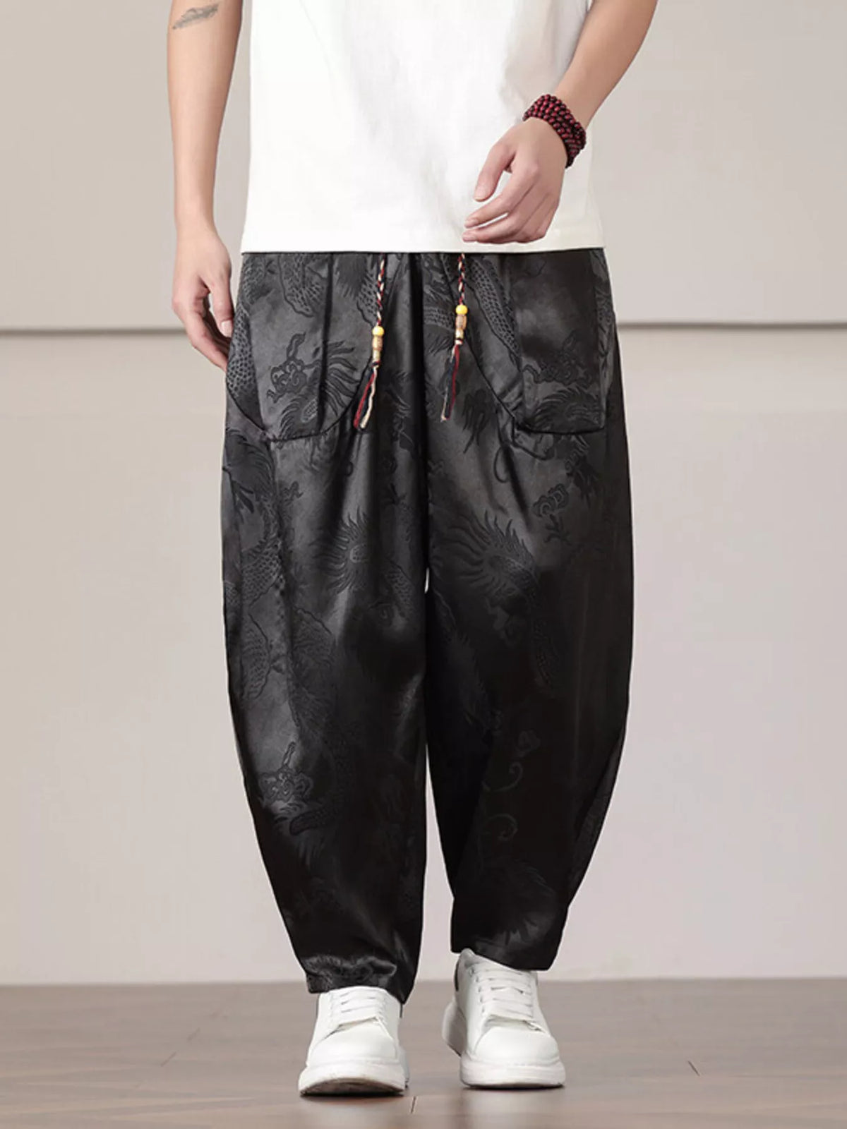 Men's Plus Size Dragon Pattern Harem Pants in Black