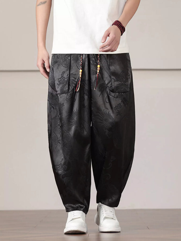 Men's Plus Size Dragon Pattern Harem Pants in Black