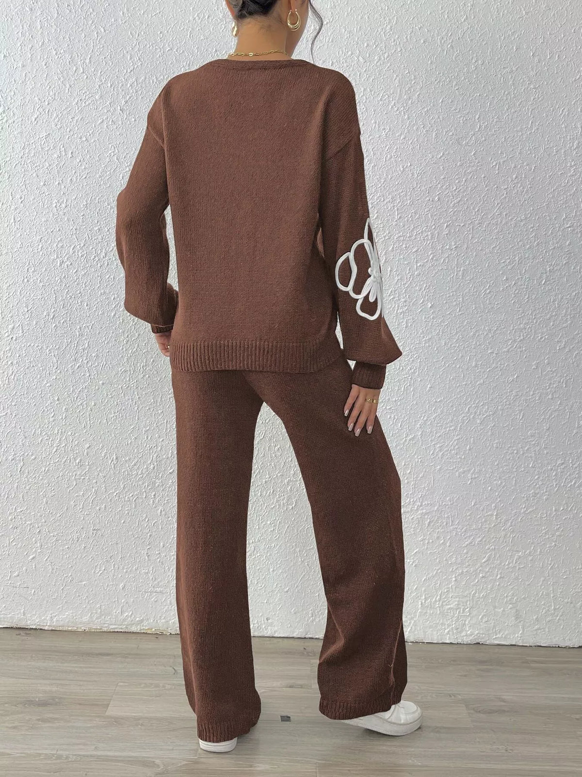 V-Neck Dropped Shoulder Top and Pants Sweater Set