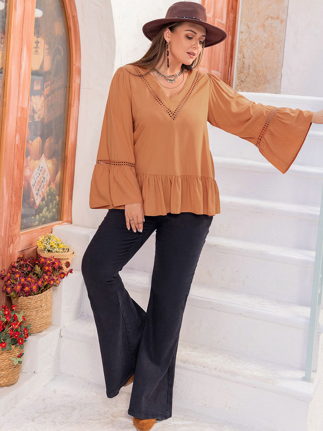 Plus Size V-Neck Peplum Blouse in Caramel, view 6
