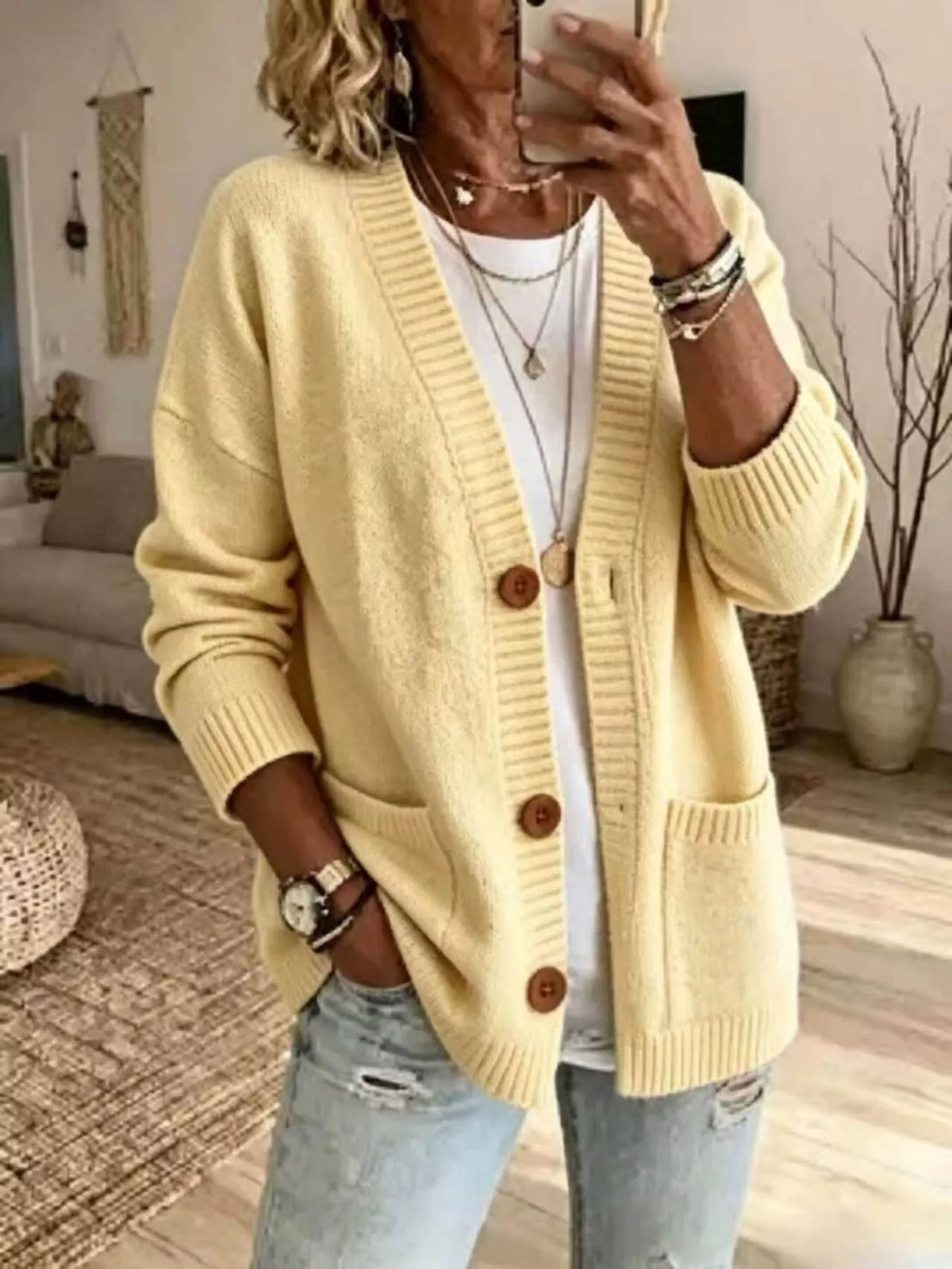 Casual V-Neck Button-Down Knit Cardigan with Pockets in Lemon Yellow