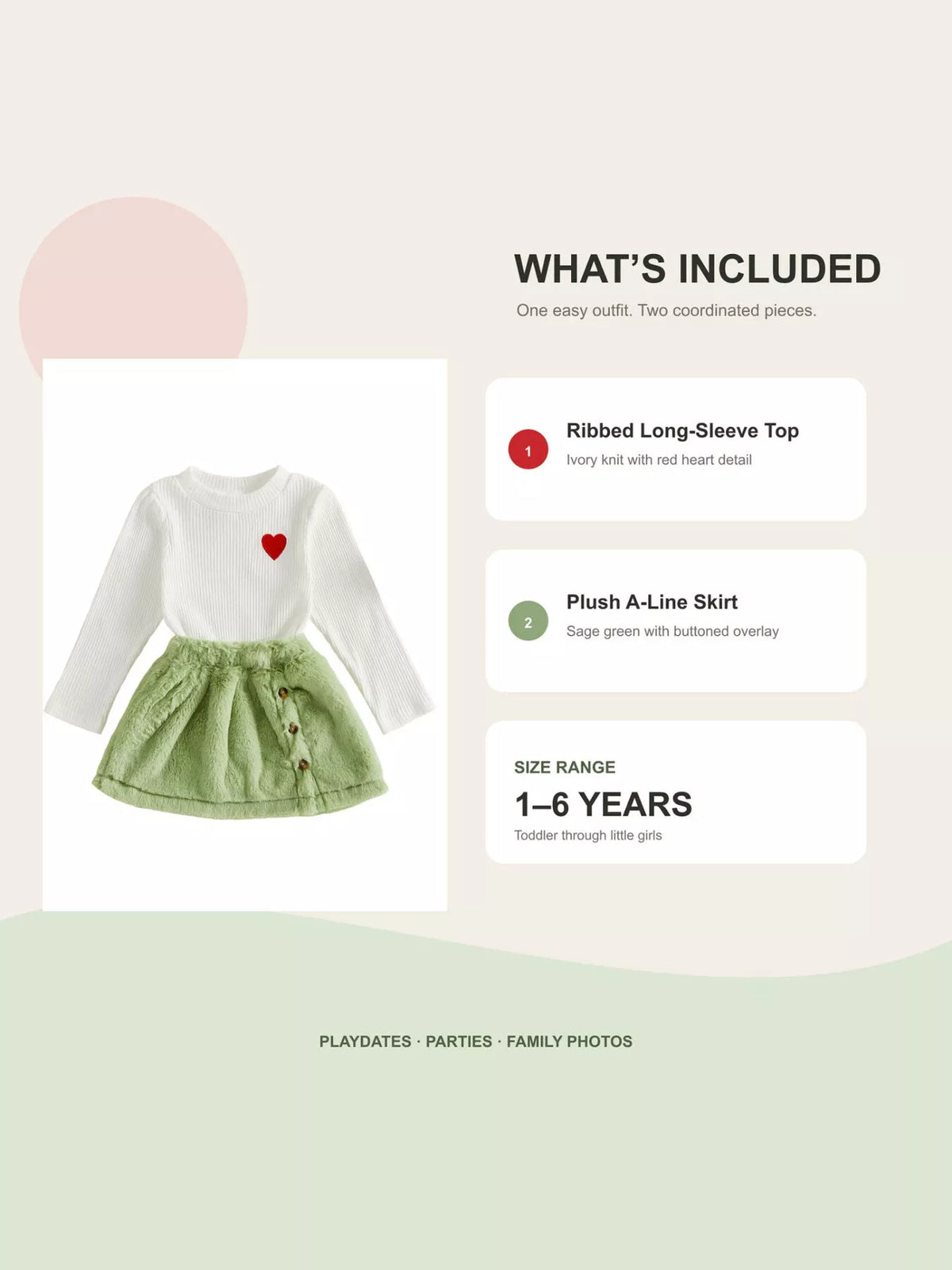 Children's Heart-Embroidered Ribbed Top and Fuzzy Skirt Set - Lilixa.store