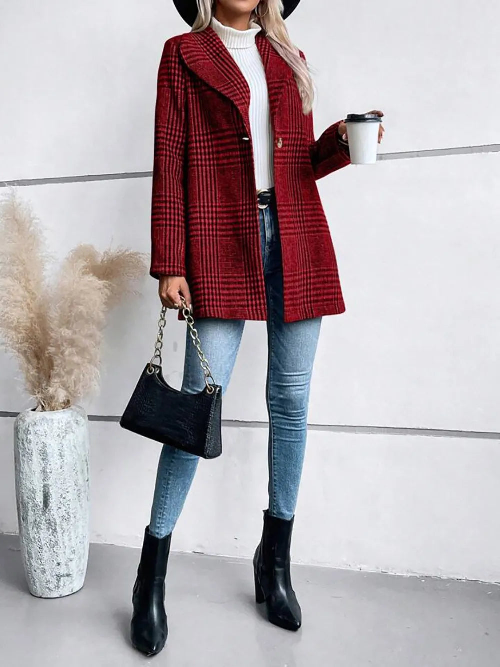 Plaid Collared Neck Long Sleeve Jacket, view 2