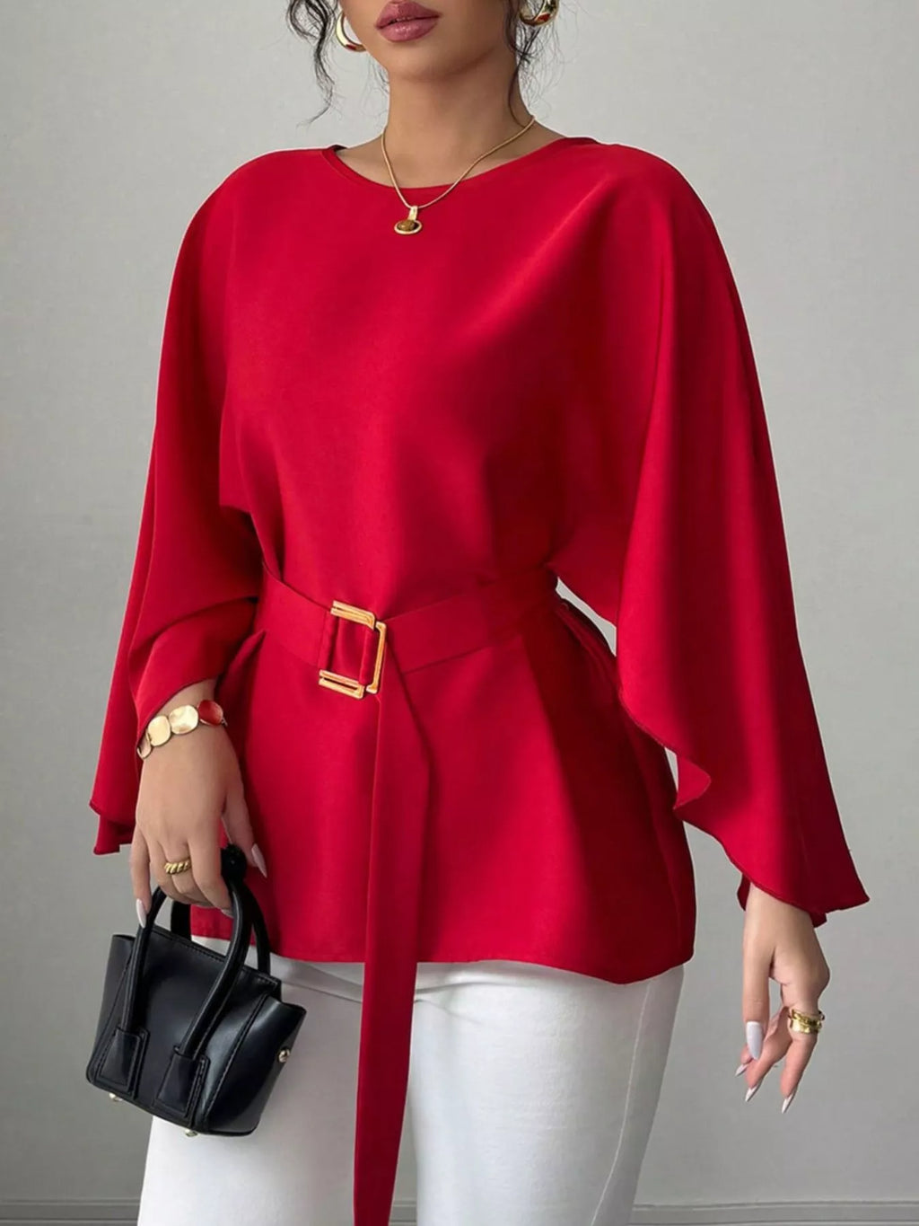 Round Neck Belt Batwing Sleeve Blouse - Lilixa.store