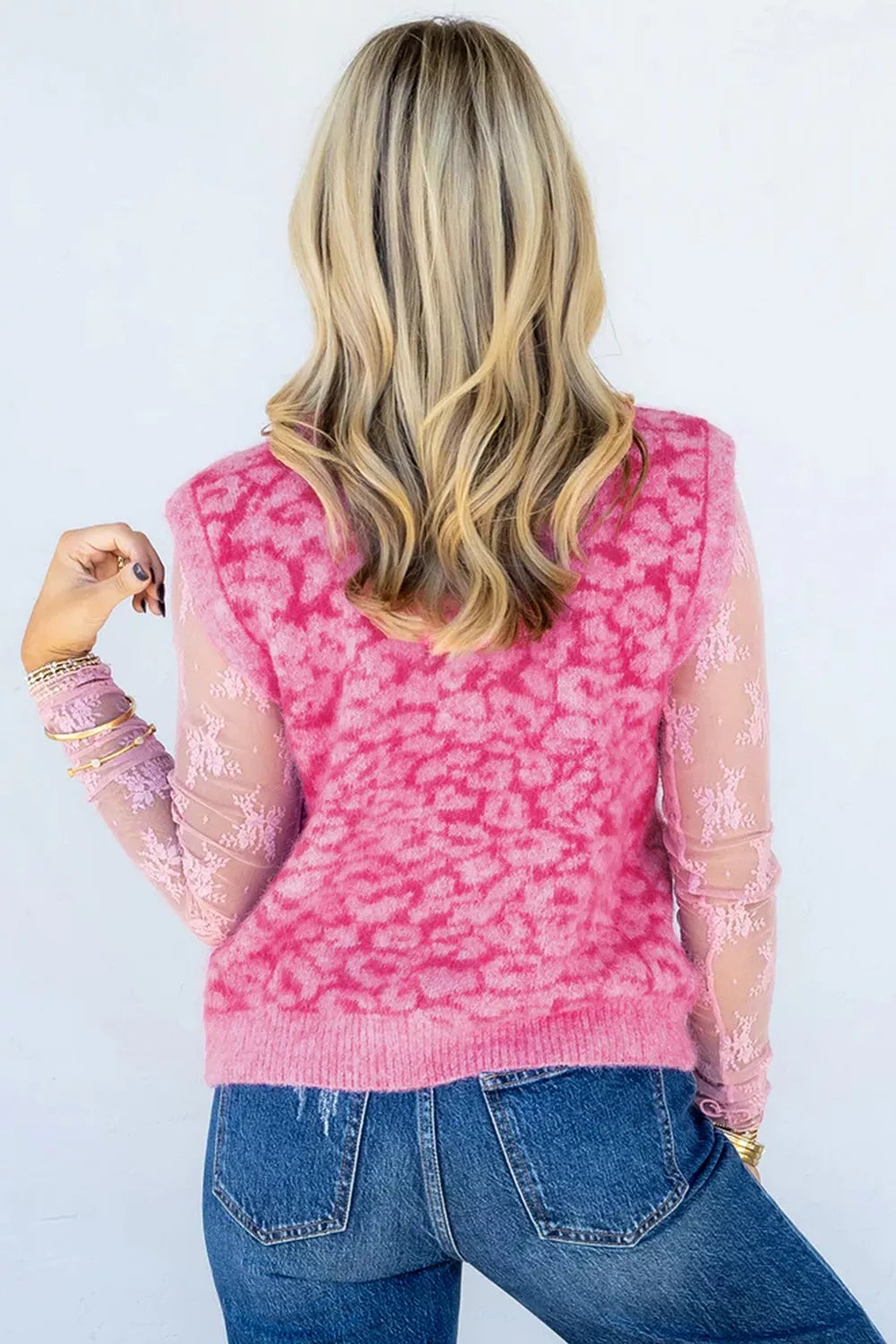 Leopard Button-Down Fuzzy Sweater Vest in Pink, view 5