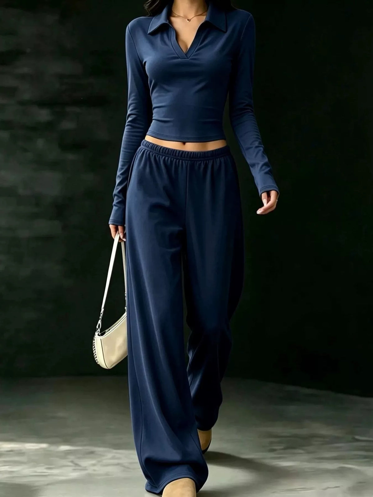 Solid Color Long Sleeve Polo Collar Top and Wide Leg Pants Set - Lilixa.store
